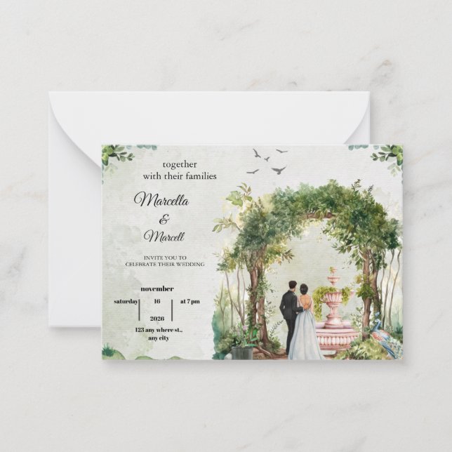 Romantic Garden Arch Watercolor Wedding Invitation Mitteilungskarte (Vorderseite)