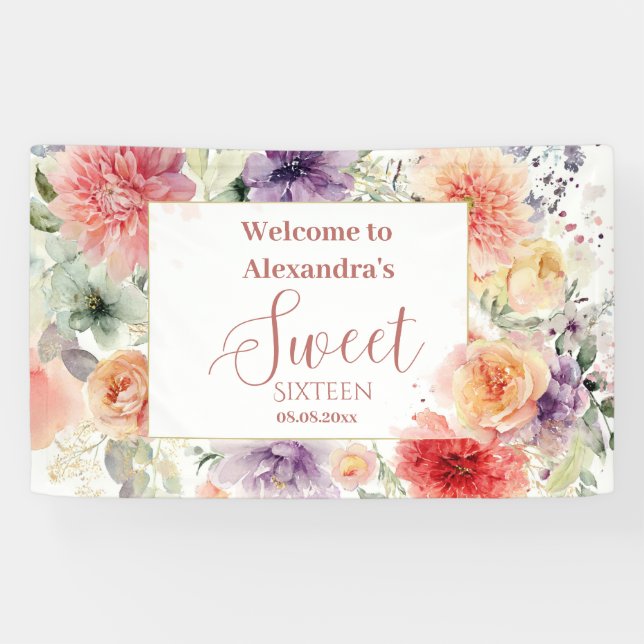 Romantic Garden Florals Sweet Sixteen Banner (Horizontal)