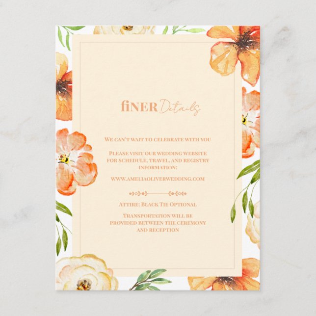 Romantic Garden Peach Floral Wedding Finer Details Begleitkarte (Vorderseite)