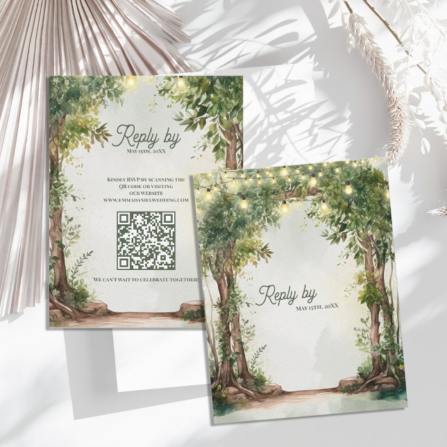 Romantic Garden String Lights QR Code Wedding  RSVP Karte (Romantic Garden String Lights QR Code Wedding RSVP Card | Rustic Outdoor Wedding Response Card)