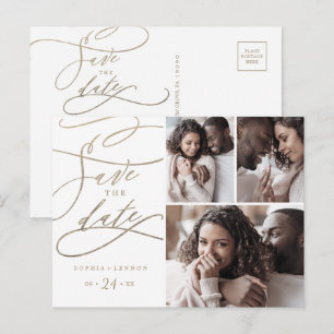 Romantic Gold Calligraphy 3 Photo Save the Date Einladungspostkarte