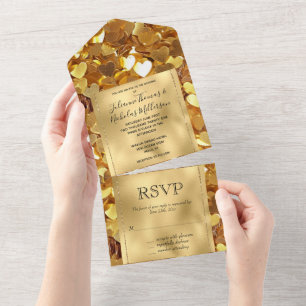 Romantic Gold Glam Hearts Wedding All In One Einladung