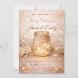 Romantic Golden Light Hearts Wedding Invite Einladung