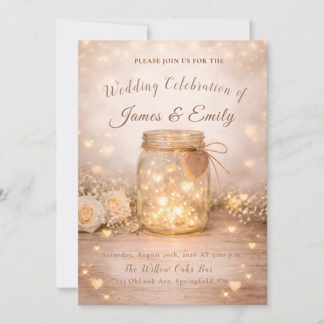 Romantic Golden Light Hearts Wedding Invite Einladung (Vorderseite)