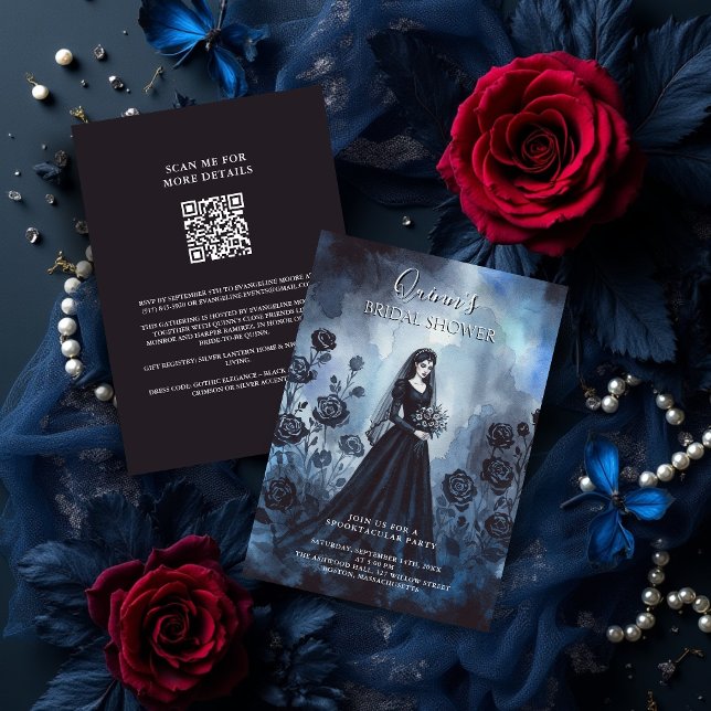 Romantic Gothic Bride Misty Floral Bridal Shower Einladung (Romantic Gothic Bride Misty Floral Bridal Shower Invitation Cards with QR Code.)