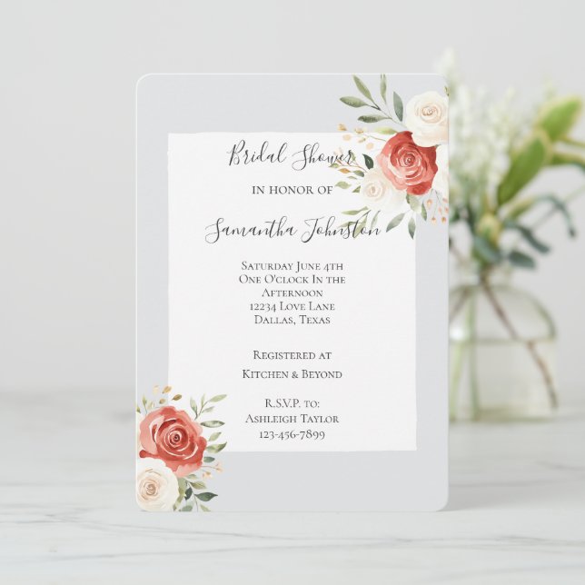 Romantic Grey Red Cream Roses Bridal Shower Einladung (Stehend Vorderseite)