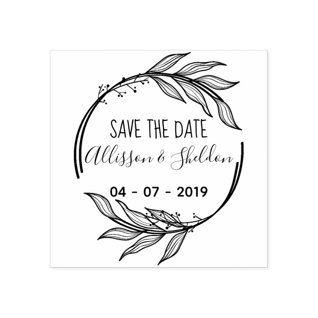 Romantic Hand Draw Leaves Save The Date Gummistempel (Prägung)