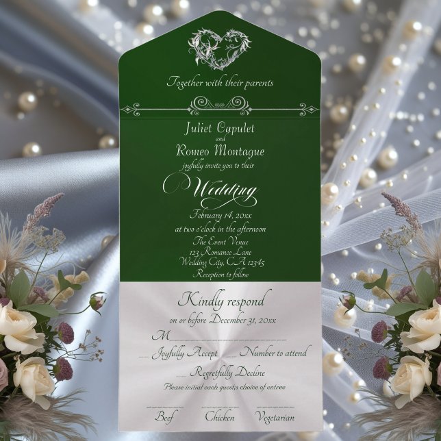 Romantic Heart & Calligraphy - Emerald/Silver All In One Einladung (Von Creator hochgeladen)