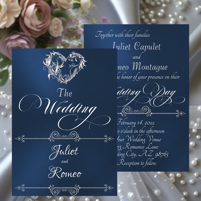 Romantic Heart & Calligraphy on Blue - Wedding Einladung (Von Creator hochgeladen)