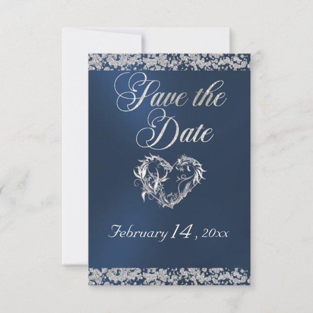 Romantic Heart & Glitter on Blue Save The Date (Vorderseite)