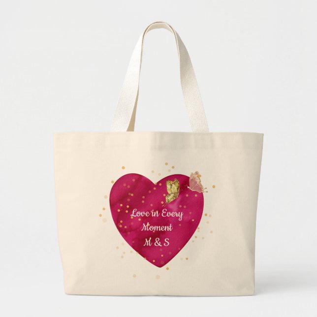 Romantic Heart & Golden Butterfly Valentine  Jumbo Stoffbeutel (Vorne)