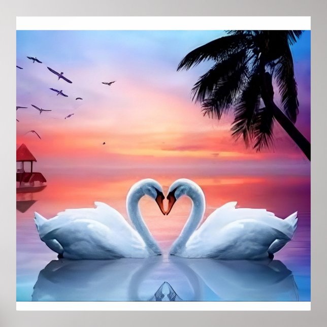 Romantic Heart Swans Tropical Sunset Paradise Poster (Vorne)
