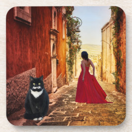 Romantic Italian Village Tuxedo Cat Coaster Getränkeuntersetzer