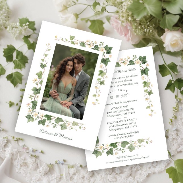 Romantic Ivy and Floral Frame Wedding Photo Einladung (Romantic Ivy and Floral Frame Wedding Photo Invitation Cards.)