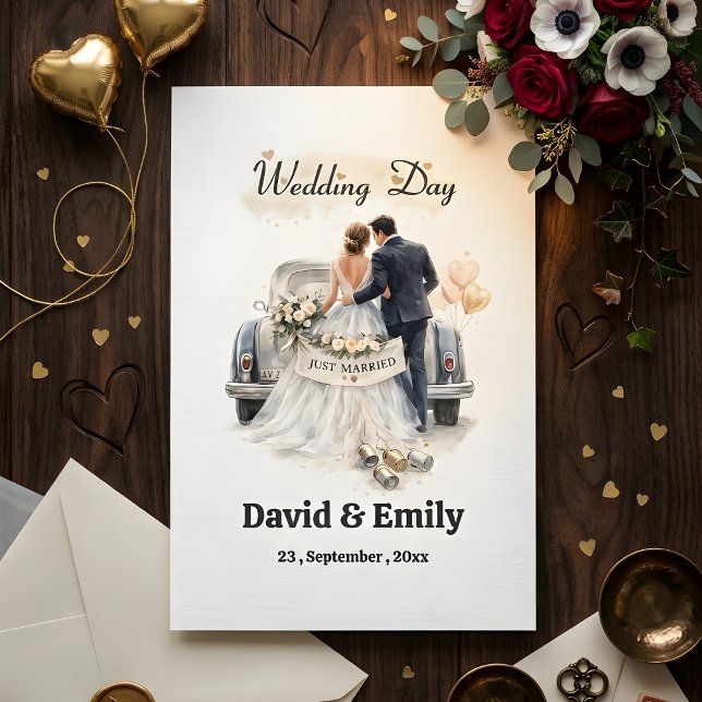 Romantic "Just Married" Couple & Vintage Car  Einladung (Von Creator hochgeladen)
