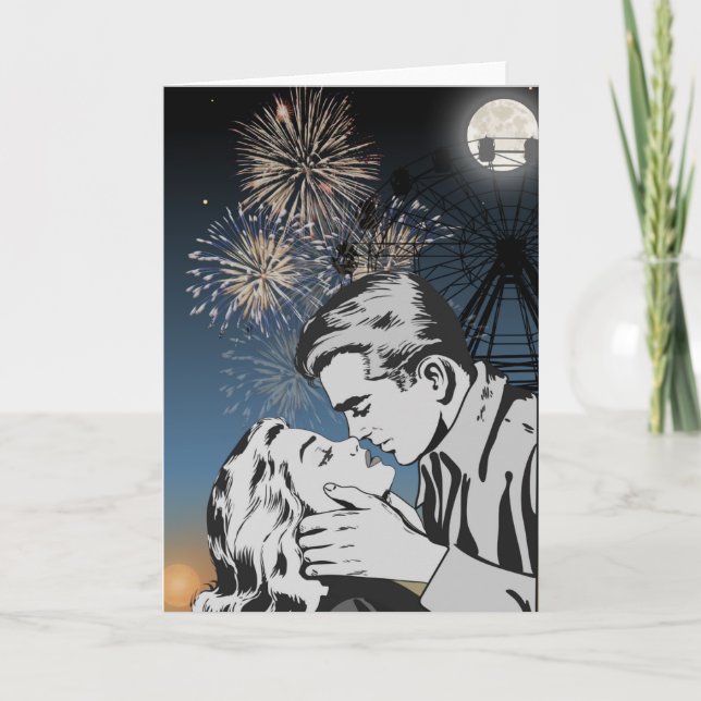Romantic Kiss Under Fireworks Greeting Card Karte (Vorderseite)