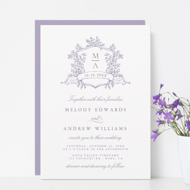 Romantic Lavender Floral Crest Wedding Einladung (Von Creator hochgeladen)