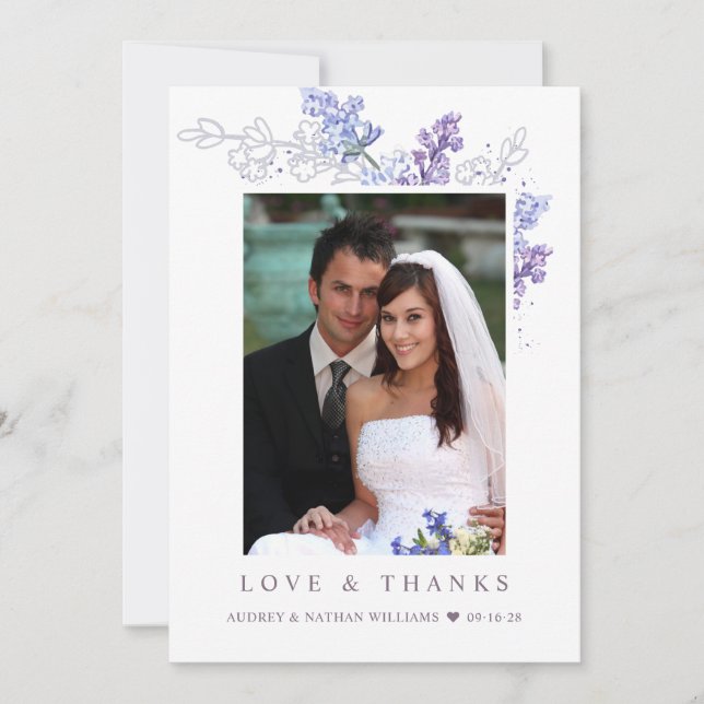 Romantic Lavender Floral Foto Hochzeit Vielen Dank Dankeskarte (Vorderseite)