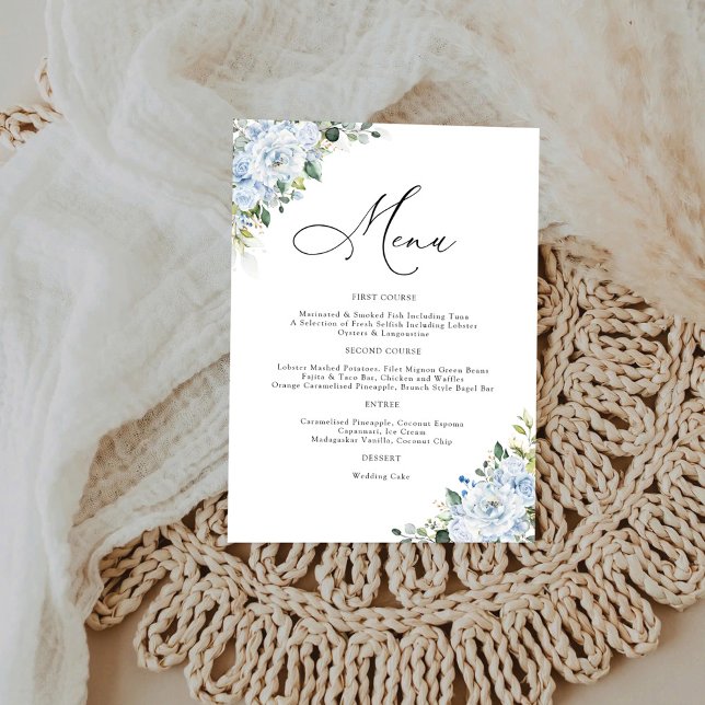 Romantic Light Blue Floral Wedding Menu Menükarte (Von Creator hochgeladen)