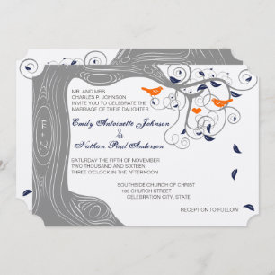 Romantic Love Bird Tree Orange Navy Hochzeit Einladung
