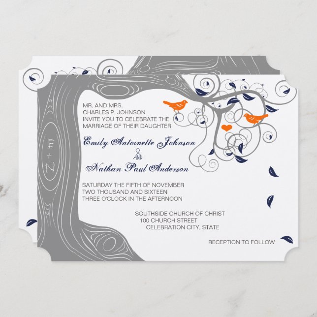 Romantic Love Bird Tree Orange Navy Hochzeit Einladung (Vorne/Hinten)