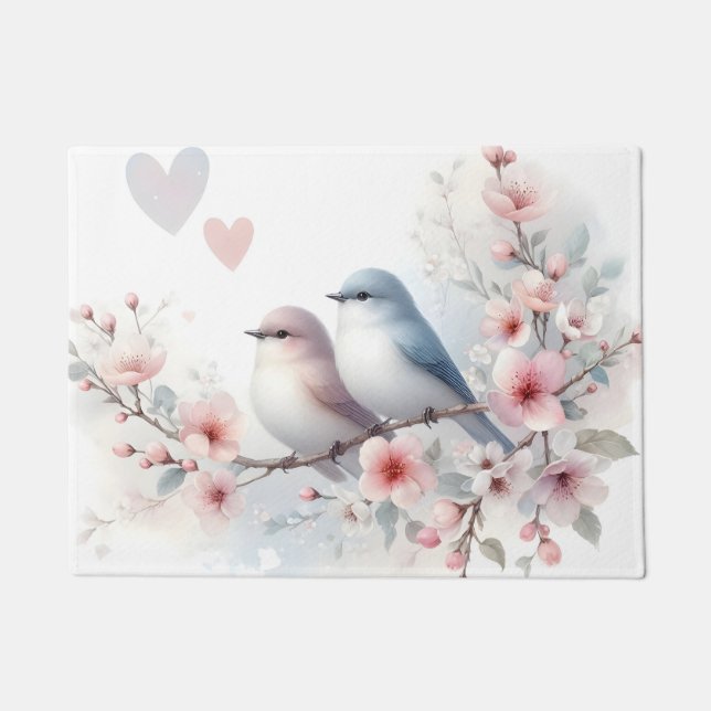 Romantic Love Birds Cherry Blossom Branch Fußmatte (Vorderseite)