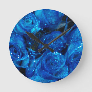 Romantic Love Blue Glitter Glamour Roses Runde Wanduhr