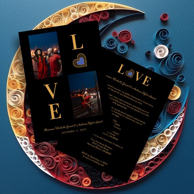 Romantic Love blue Heart Fake Lace 2 Multi PHotos Einladung (Romantic Love blue Heart Fake Lace & Fake Golden Effect Classic 2 Photos Collage Wedding Invitation.)