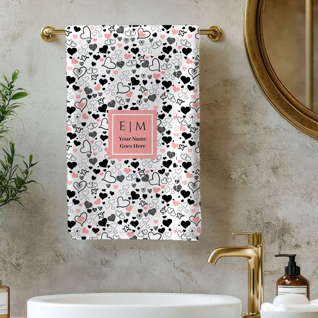 Romantic Love Gift Bath Towel Pink Black Hearts Badhandtuch Set (Romantic Love Gift Bath Towel Pink Black Hearts)