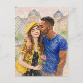 Romantic Love Paris Man Woman Watercolor Postcard Postkarte