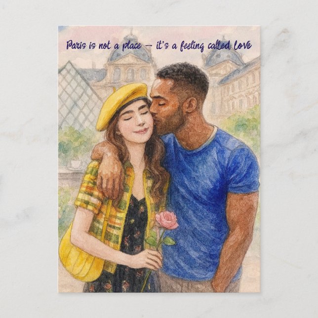 Romantic Love Paris Man Woman Watercolor Postcard Postkarte (Vorderseite)