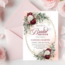 Romantic Maroon Floral Gold Bridal Shower Card Einladung