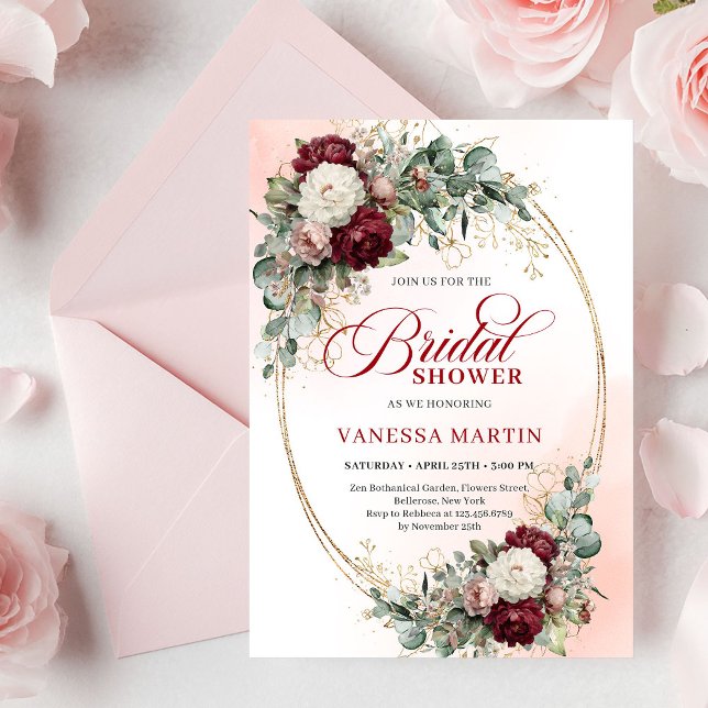 Romantic Maroon Floral Gold Bridal Shower Card Einladung (Romantic Maroon Floral Gold Bridal Shower Card

)