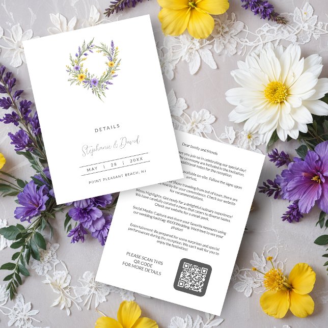 Romantic Minimal Wedding Yellow & Lavender Wreath Begleitkarte (Romantic Minimalist Wedding Yellow & Lavender Wreath Enclosure Cards.)