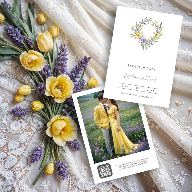 Romantic Minimal Wedding Yellow & Lavender Wreath Save The Date (Romantic Minimalist Wedding Yellow & Lavender Wreath Save the Dates Cards. )