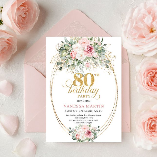 Romantic Minimalist Blush Floral 80th Birthday  Einladung (Romantic Minimalist Blush Floral 80th Birthday Invite

)