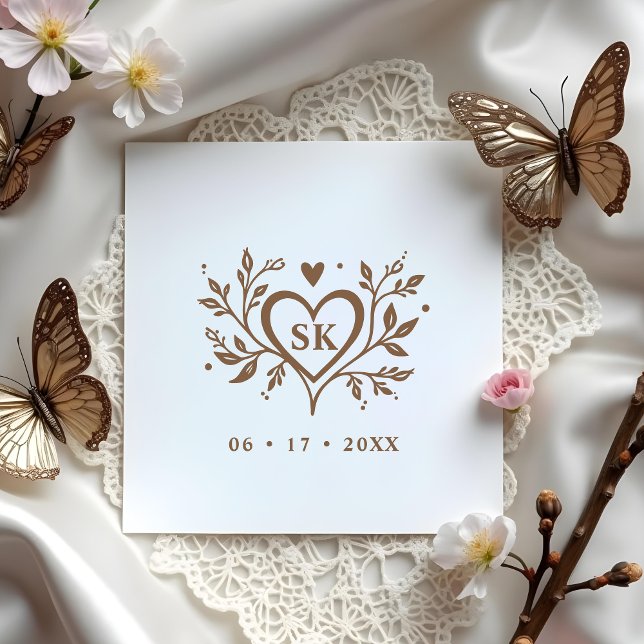 Romantic Minimalist Heart Swirls Monogram Initials Gummistempel (Romantic Minimalist Wedding Design with Heart, Swirls, Monogram and Initials Rubber Stamps)