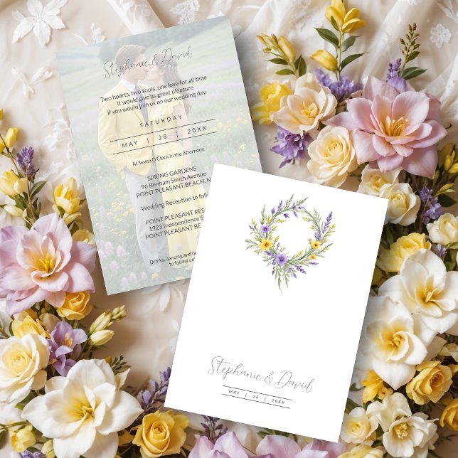 Romantic Minimalist Wedding Yellow Lavender Wreath Einladung (Romantic Minimalist Wedding Yellow & Lavender Wreath Photo Invitations Cards. )
