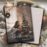 Romantic Modern Couple Custom Holiday Photo Feiertagskarte<br><div class="desc">A trendy urban modern holiday photo flat greeting card with a couple's photo and name with a simple minimal background with string lights and holiday tree. Smoky neutral colors. This phot is a placeholder that must be replaced with your own creative holiday photo.</div>