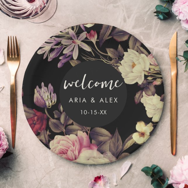 Romantic Moody Floral Wedding Name Date Black Pappteller (Elegant moody floral wedding paper plate features lovely welcome script and pretty blooms.)