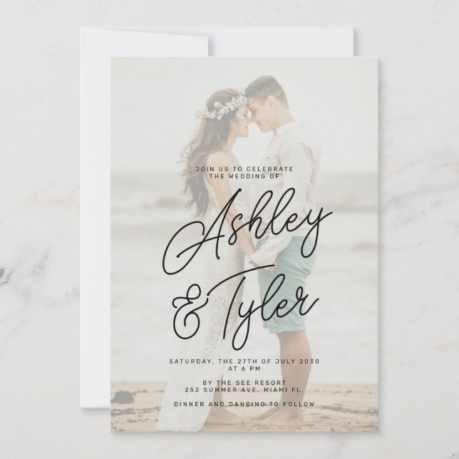 Romantic names script overlay photo wedding einladung (Vorderseite)