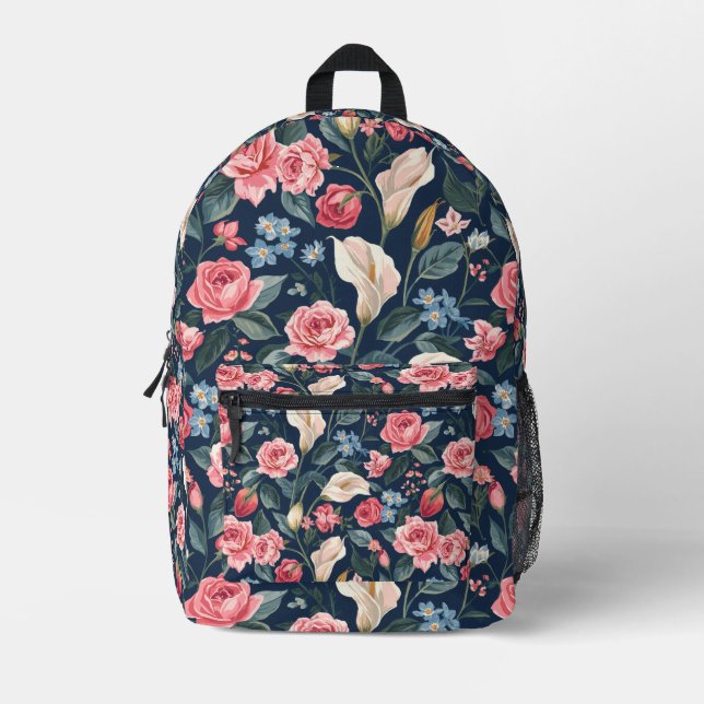 Romantic Navy Blue Floral Garden Pattern Bedruckter Rucksack (Vorderseite)