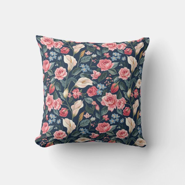 Romantic Navy Blue Floral Garden Pattern Kissen (Vorderseite)