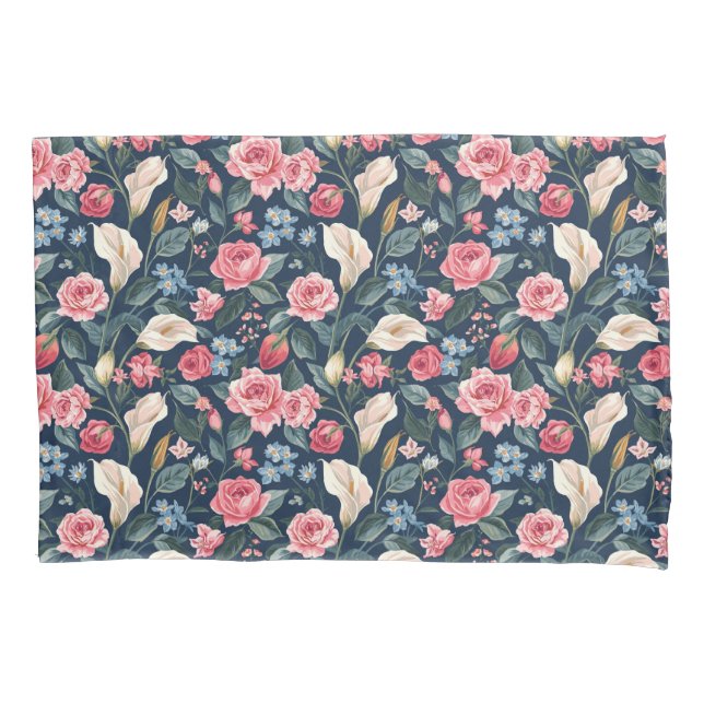 Romantic Navy Blue Floral Garden Pattern Kissenbezug (Vorderseite)