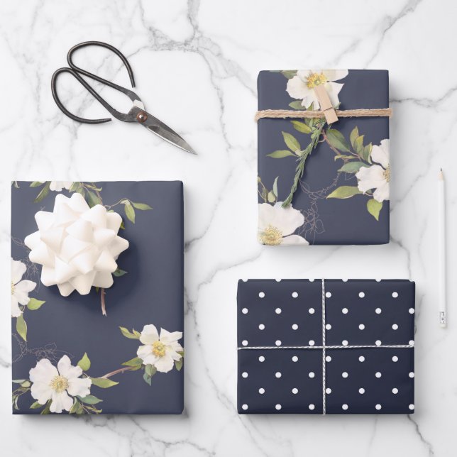 Romantic Navy Blue White Floral Bridal Shower Geschenkpapier Set (Vorderseite)