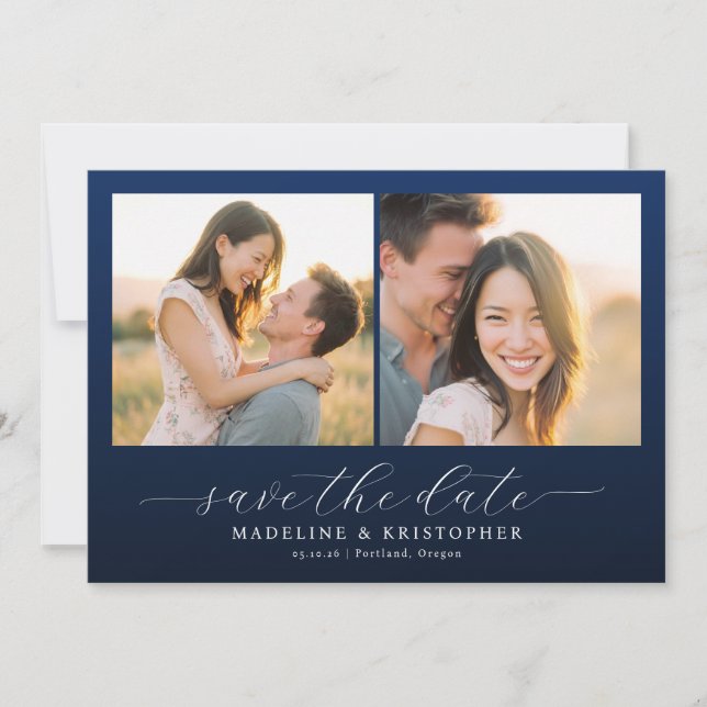 Romantic Navy Photo Collage Save The Date (Vorderseite)