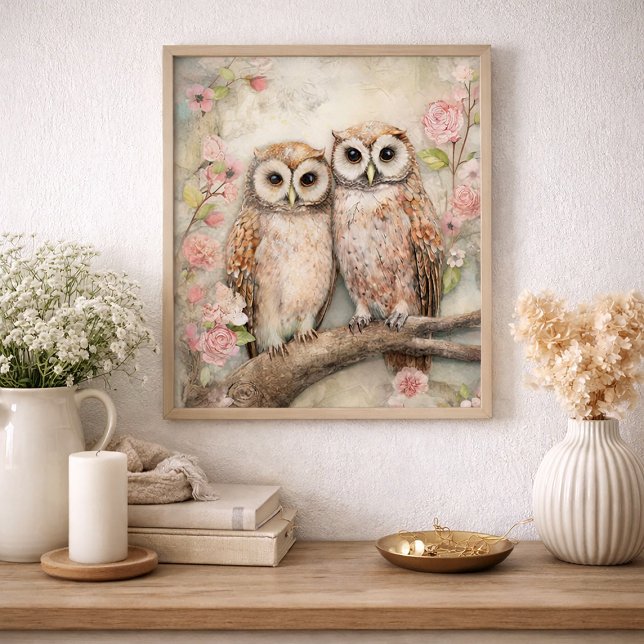 Romantic Owl Pair Floral Nature Cottage  Poster (Cottagecore owl pair and pink floral-vintage wall art )