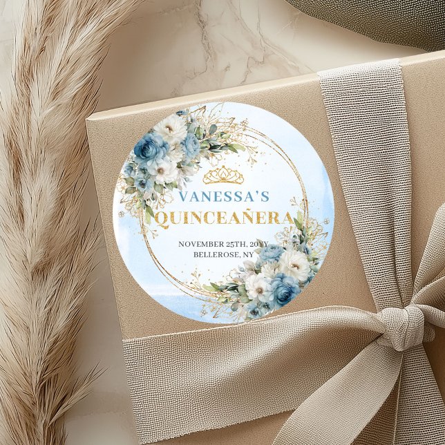 Romantic Pale Blue Gold Eucalyptus 15th Birthday  Runder Aufkleber (Romantic Pale Blue Gold Eucalyptus 15th Birthday Sticker)