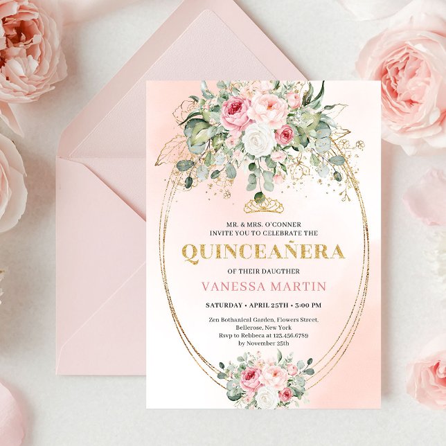 Romantic Pale Pink Eucalyptus Quinceañera Invite Einladung (Romantic Pale Pink Eucalyptus Quinceañera Invite

)