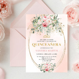Romantic Pale Pink Rose Gold Quinceañera Card Einladung